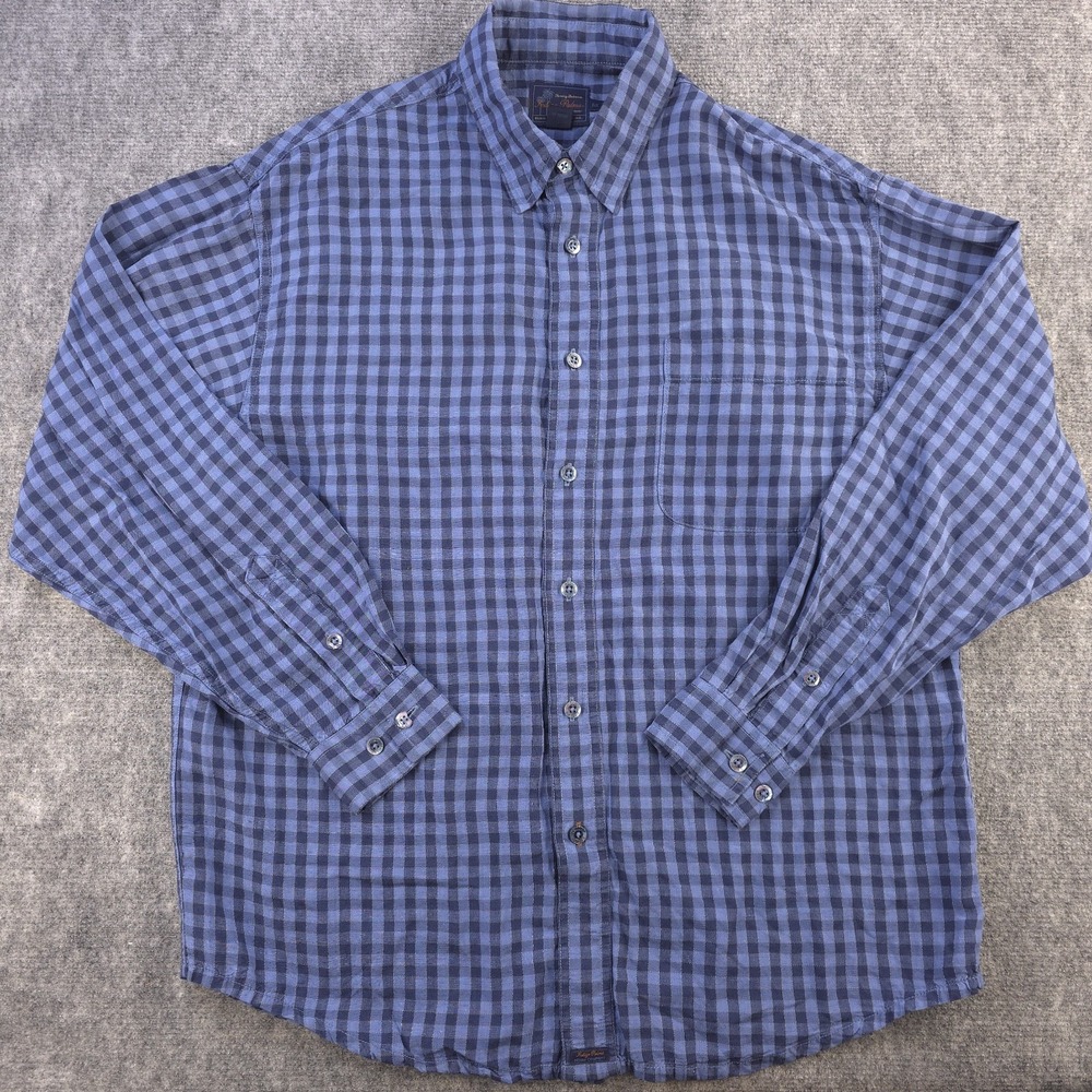 Tommy Bahama Indigo Palms‎ Shirt Medium Long Sleeve Linen Blend Blue Check